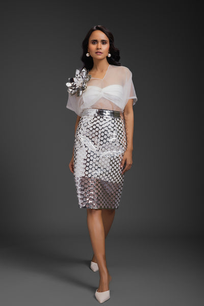 Deepika Arora Sheer Top With Silver Skirt White indian designer wear online shopping melange singapore
