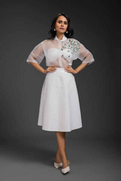 Deepika Arora Blazer Sheer Top With Skirt White indian designer wear online shopping melange singapore