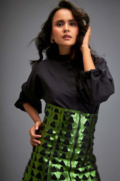 Deepika Arora Shirt Paired With A Mettalic Green Mini Skirt With Triangle Cutouts indian designer wear online shopping melange singapore 
