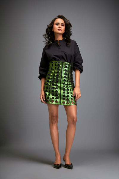 Deepika Arora Shirt Paired With A Mettalic Green Mini Skirt With Triangle Cutouts indian designer wear online shopping melange singapore 
