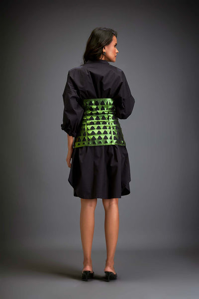Deepika Arora Shirtdress Paired With A Metallic Green Corset indian designer wear online shopping melange singapore 
