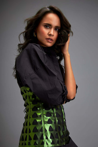 Deepika Arora Shirtdress Paired With A Metallic Green Corset indian designer wear online shopping melange singapore 
