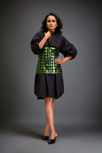 Deepika Arora Shirtdress Paired With A Metallic Green Corset indian designer wear online shopping melange singapore 
