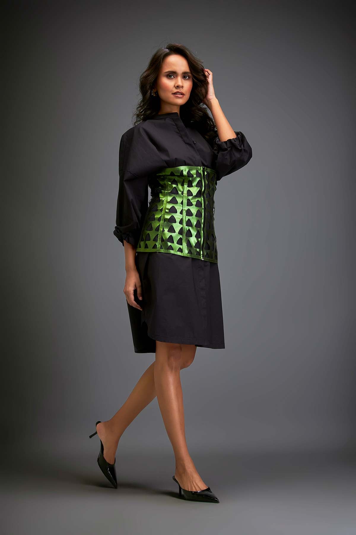 Deepika Arora Shirtdress Paired With A Metallic Green Corset indian designer wear online shopping melange singapore 
