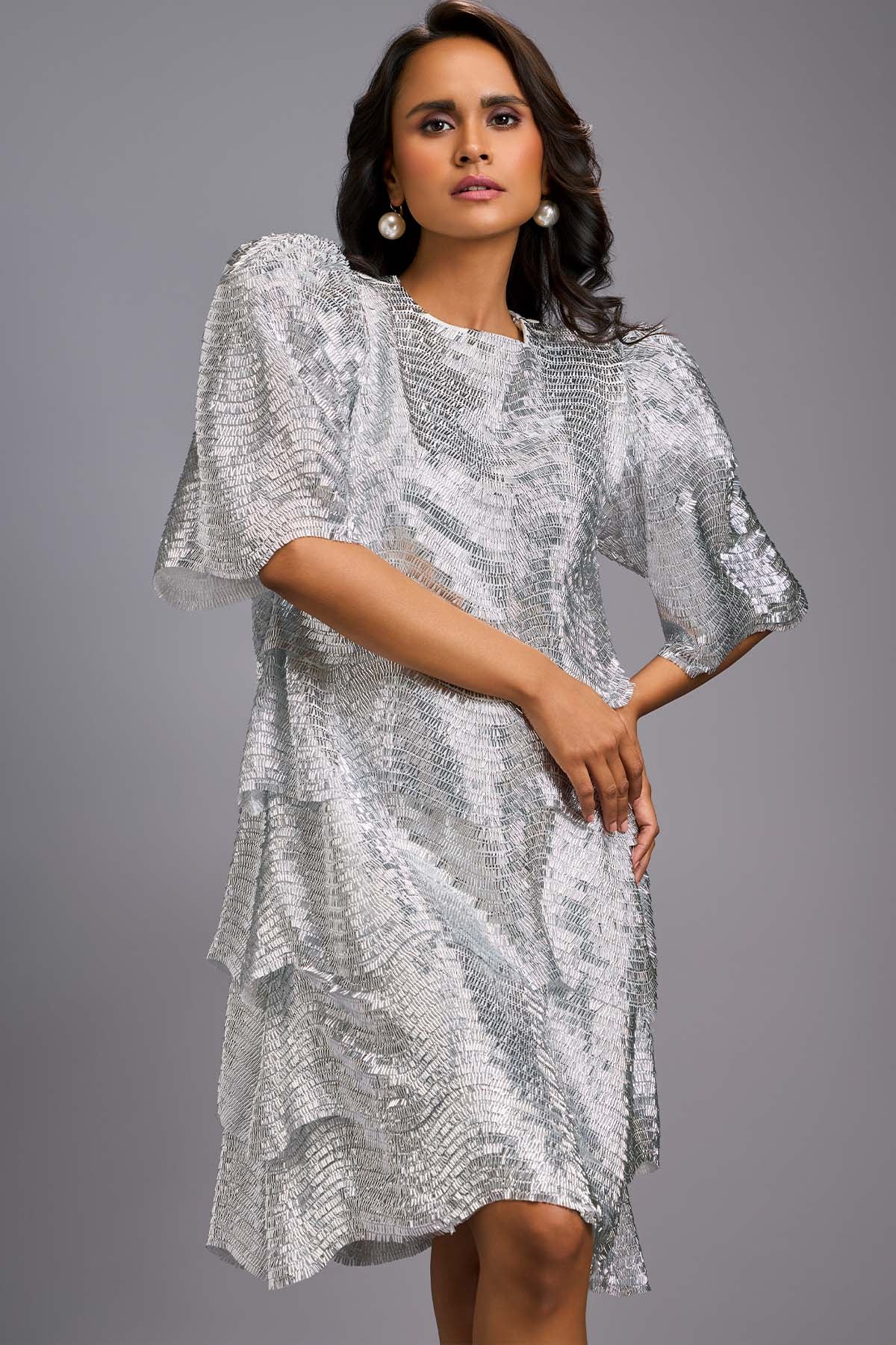 Deepika Arora Silver Shimmer Textured Knee-length Dress indian designer wear online shopping melange singapore 
