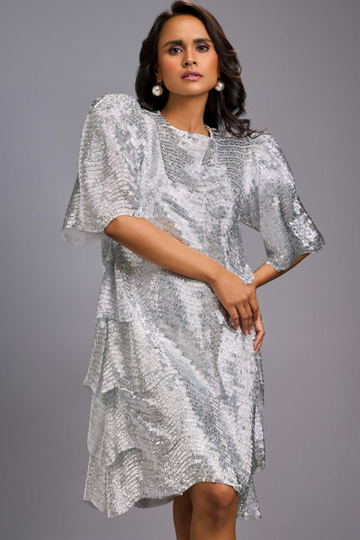 Deepika Arora Silver Shimmer Textured Knee-length Dress indian designer wear online shopping melange singapore 

