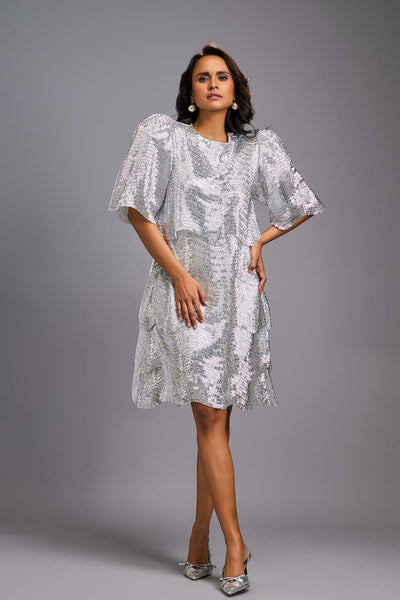 Deepika Arora Silver Shimmer Textured Knee-length Dress indian designer wear online shopping melange singapore 
