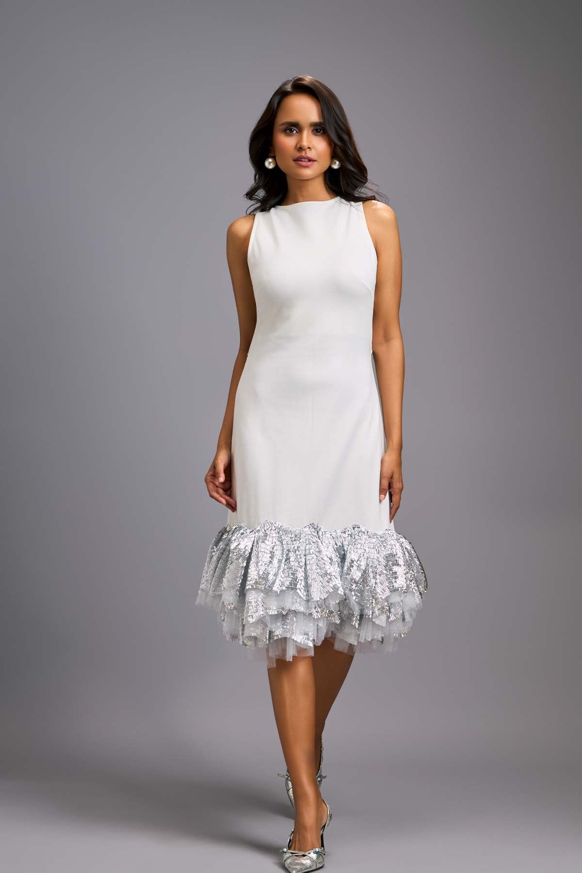 Deepika Arora Sleeveless silver midi dress with cut-out back indian designer wear online shopping melange singapore 