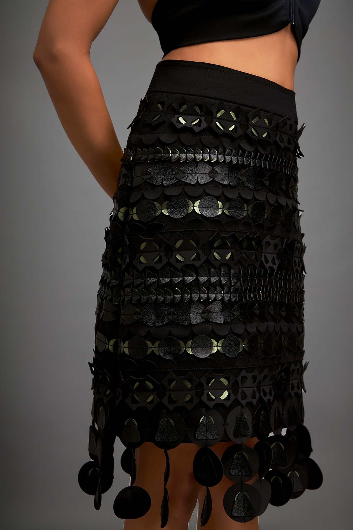 Deepika Arora Statement Skirt Featuring Intricate Green Metallic Geometric Detailing indian designer wear online shopping melange singapore 
