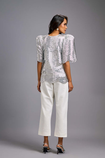 Deepika Arora Textured Silver Shimmer Co-Ord Set indian designer wear online shopping melange singapore 