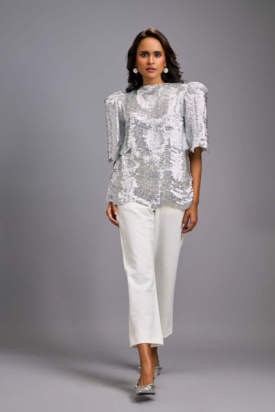 Deepika Arora Textured Silver Shimmer Co-Ord Set indian designer wear online shopping melange singapore 