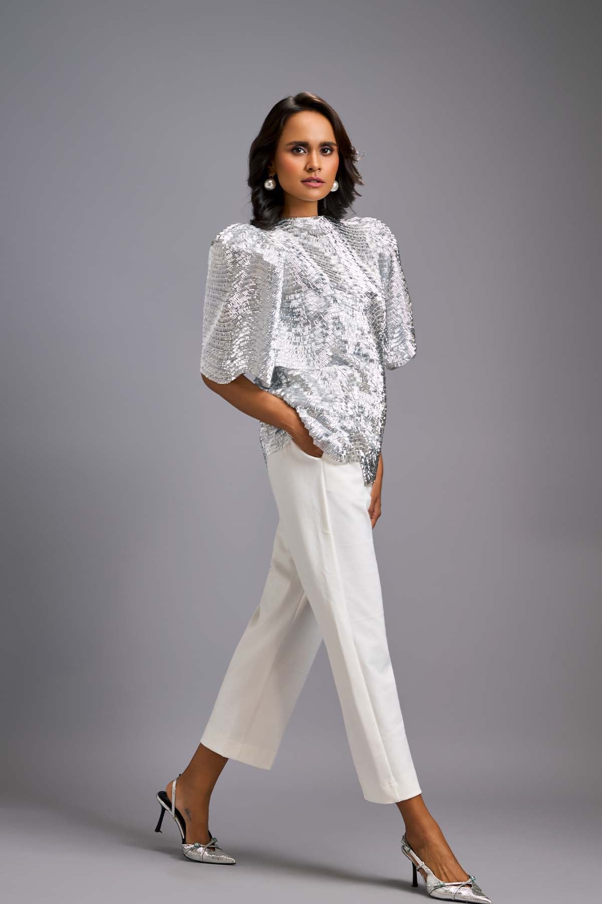 Deepika Arora Textured Silver Shimmer Co-Ord Set indian designer wear online shopping melange singapore 