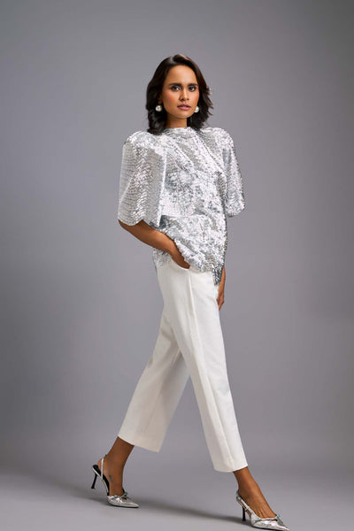 Deepika Arora Textured Silver Shimmer Co-Ord Set indian designer wear online shopping melange singapore 