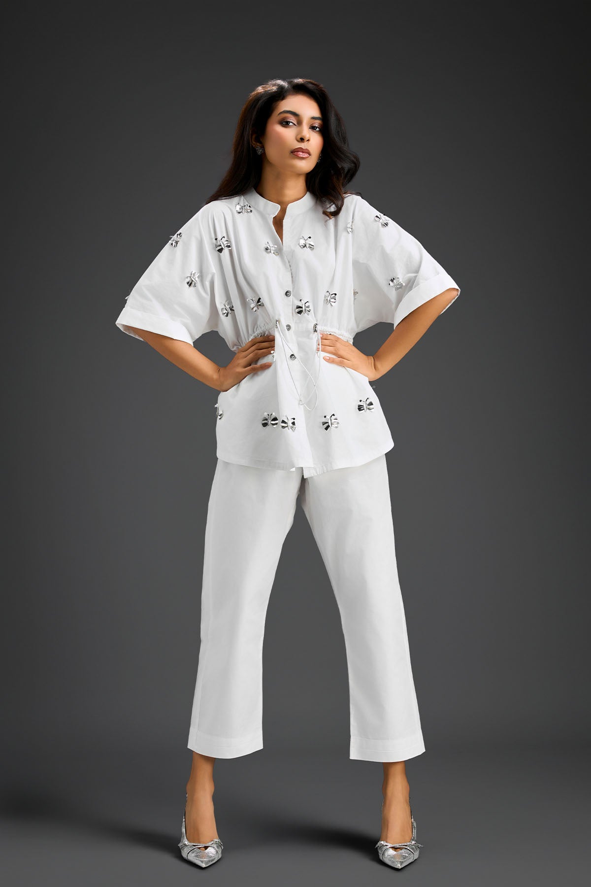 Deepika Arora White Co-ord Set With A Drawstring-waist Shirt indian designer wear online shopping melange singapore 