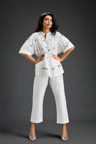Deepika Arora White Co-ord Set With A Drawstring-waist Shirt indian designer wear online shopping melange singapore 