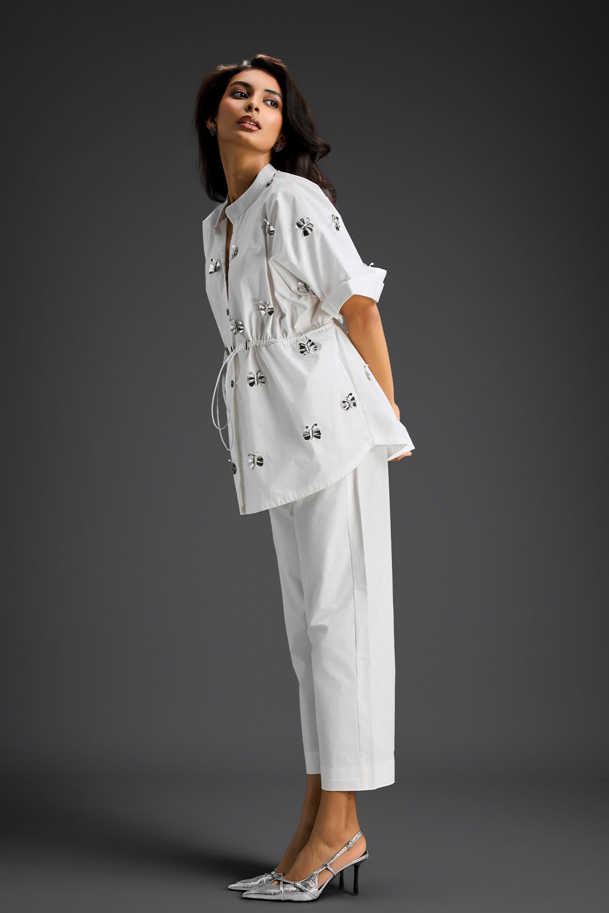 Deepika Arora White Co-ord Set With A Drawstring-waist Shirt indian designer wear online shopping melange singapore 