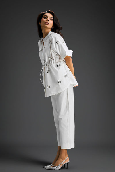 Deepika Arora White Co-ord Set With A Drawstring-waist Shirt indian designer wear online shopping melange singapore 