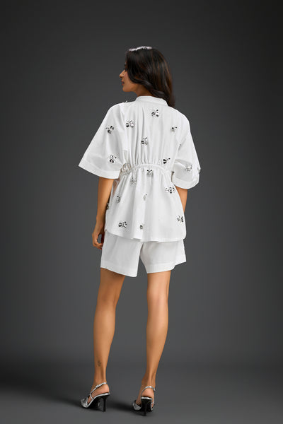 Deepika Arora White Shorts Co-ord Set With A Drawstring-waist Shirt indian designer wear online shopping melange singapore 