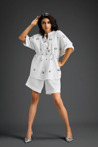 Deepika Arora White Shorts Co-ord Set With A Drawstring-waist Shirt indian designer wear online shopping melange singapore 