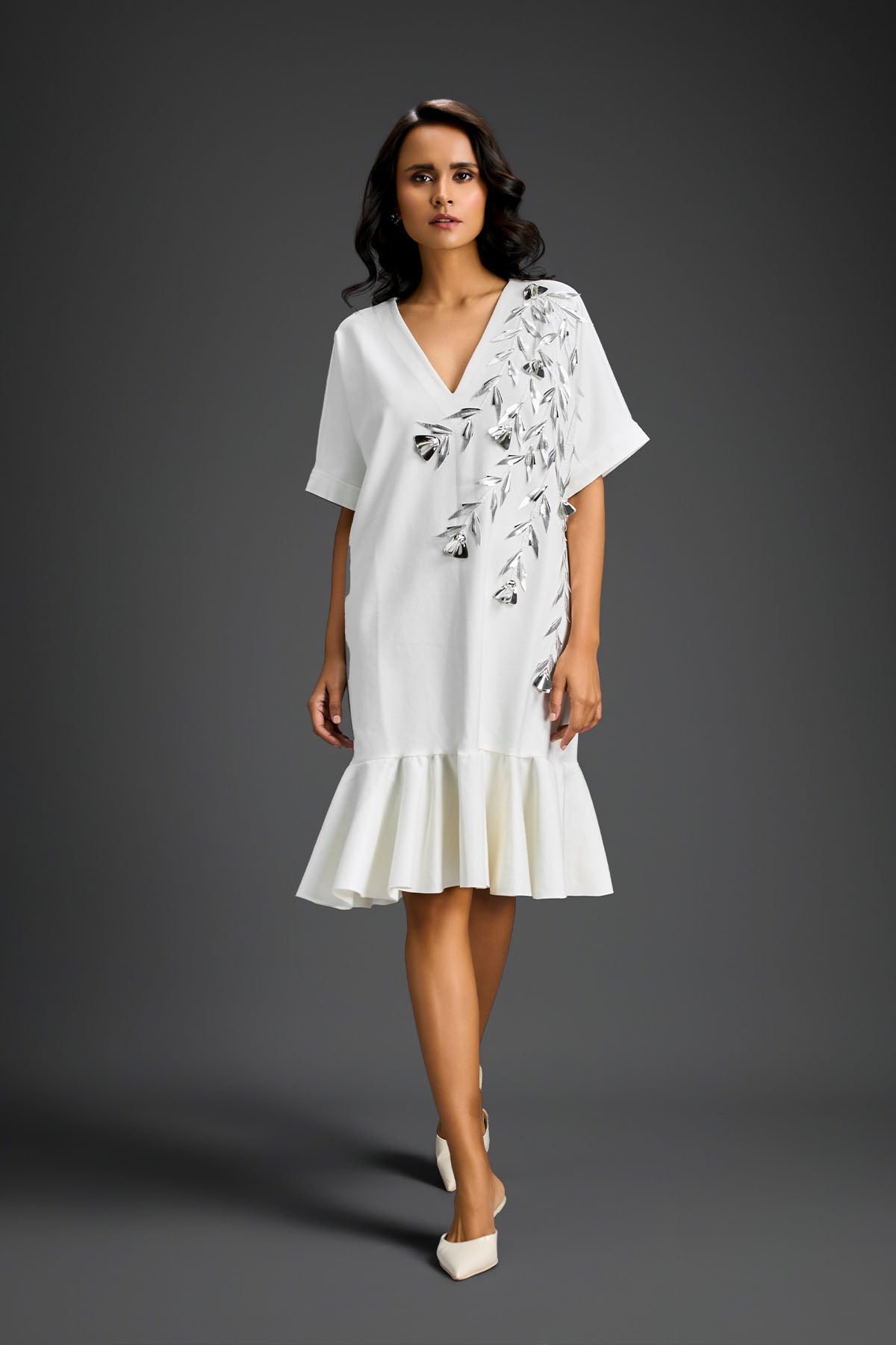 Deepika Arora White V-neck Dress With Short Sleeves Indian designer wear online shopping melange singapore 