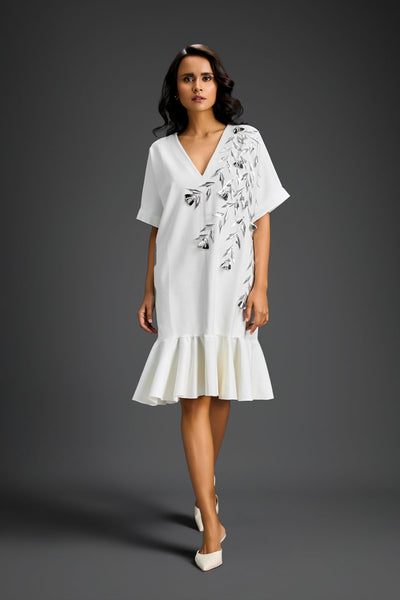 Deepika Arora White V-neck Dress With Short Sleeves Indian designer wear online shopping melange singapore 