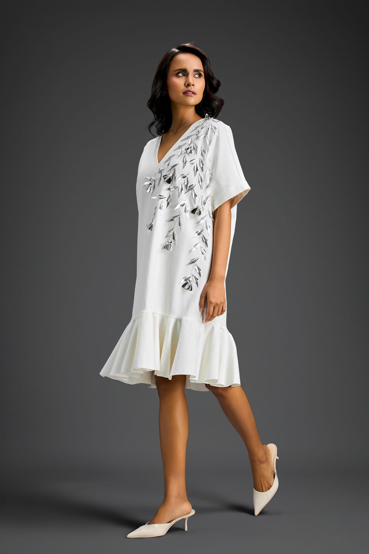 Deepika Arora White V-neck Dress With Short Sleeves Indian designer wear online shopping melange singapore 