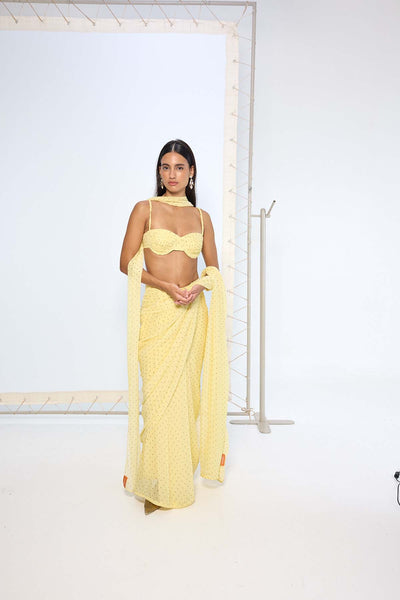 Ekaya Butter Yellow Polka Dotted Saree  indian designer wear online shopping melange singapore 