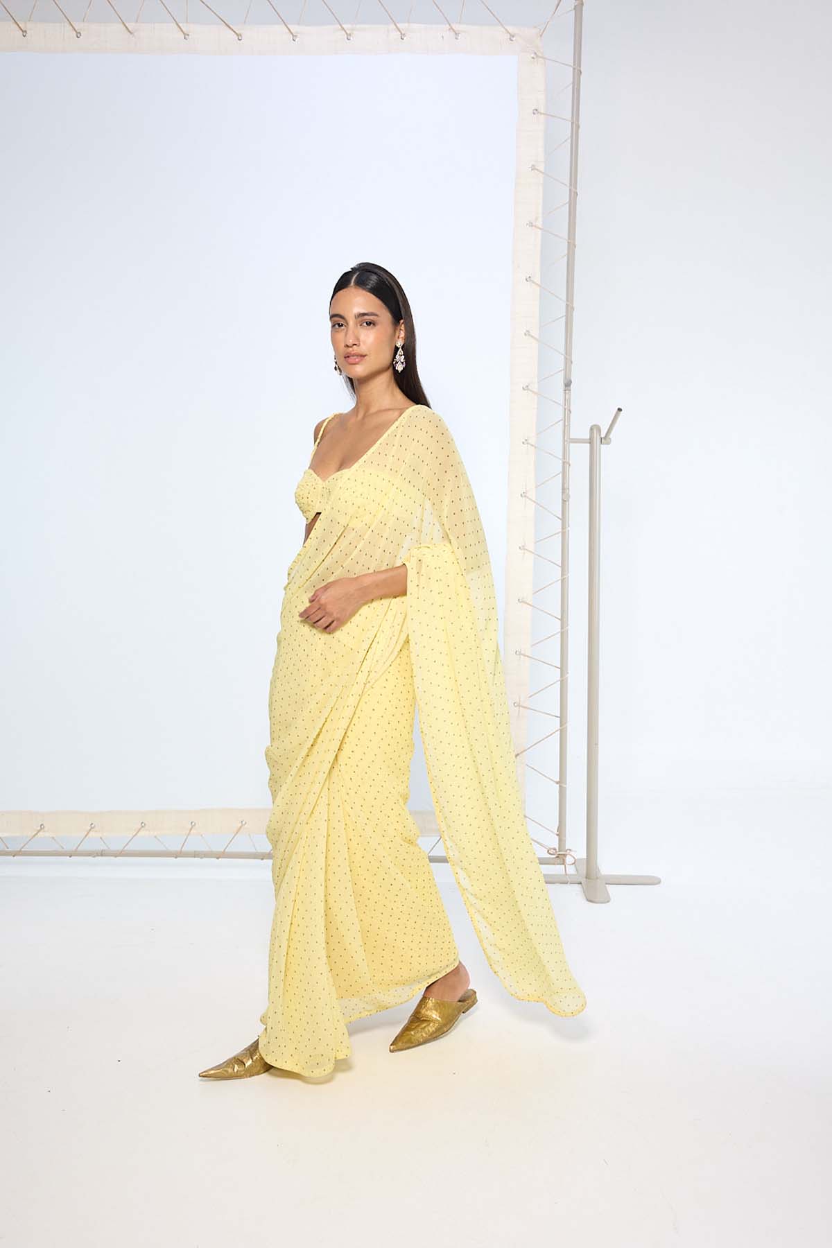 Ekaya Butter Yellow Polka Dotted Saree  indian designer wear online shopping melange singapore 