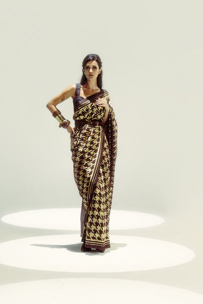 Ekaya Open Border Houndstooth Gold Zari indian designer wear online shopping melange singapore 