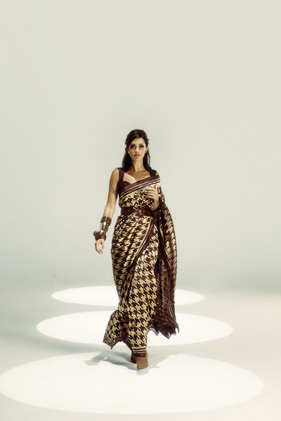 Ekaya Open Border Houndstooth Gold Zari indian designer wear online shopping melange singapore 
