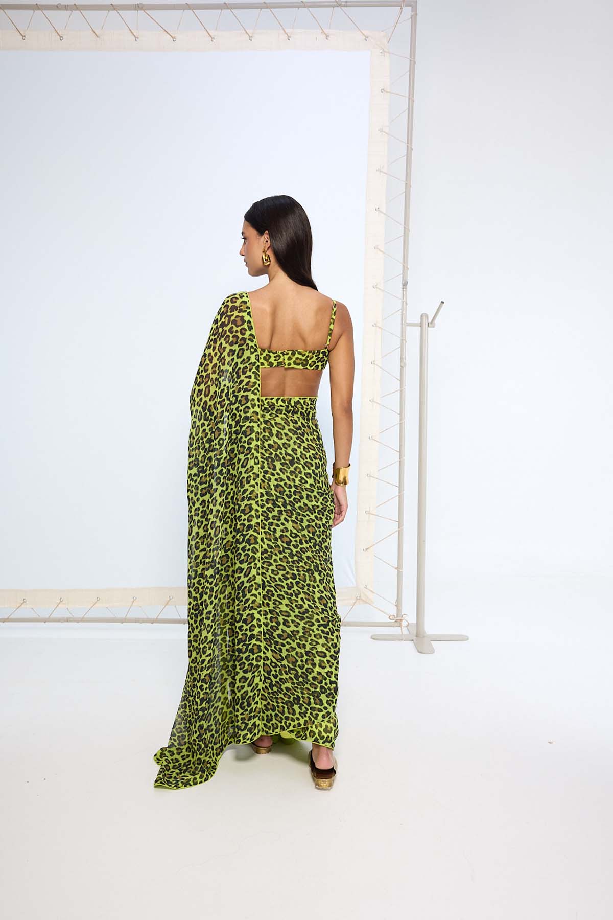 Ekaya Green Leopard Print Saree indian designer wear online shopping melange singapore 
