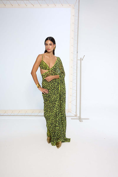 Ekaya Green Leopard Print Saree indian designer wear online shopping melange singapore 