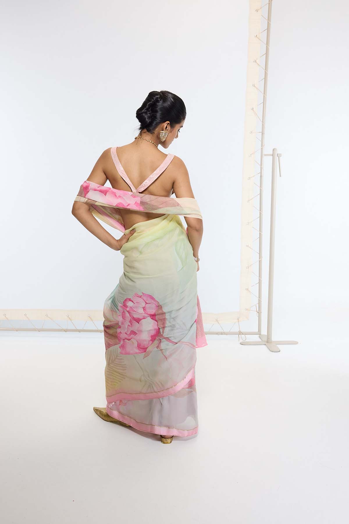 Ekaya Handwoven Banana Cream Printed Saree indian designer wear online shopping melange singapore 
