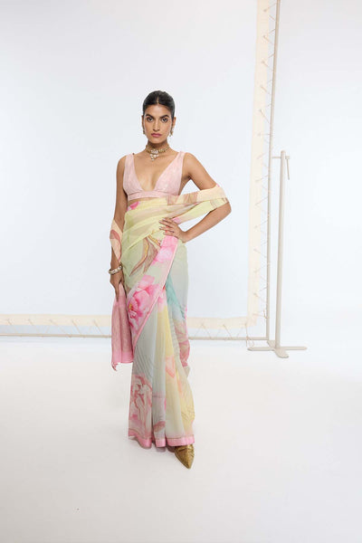 Ekaya Handwoven Banana Cream Printed Saree indian designer wear online shopping melange singapore 
