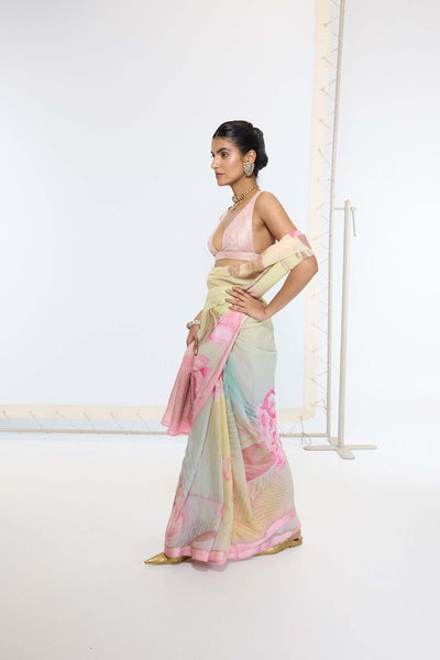 Ekaya Handwoven Banana Cream Printed Saree indian designer wear online shopping melange singapore 
