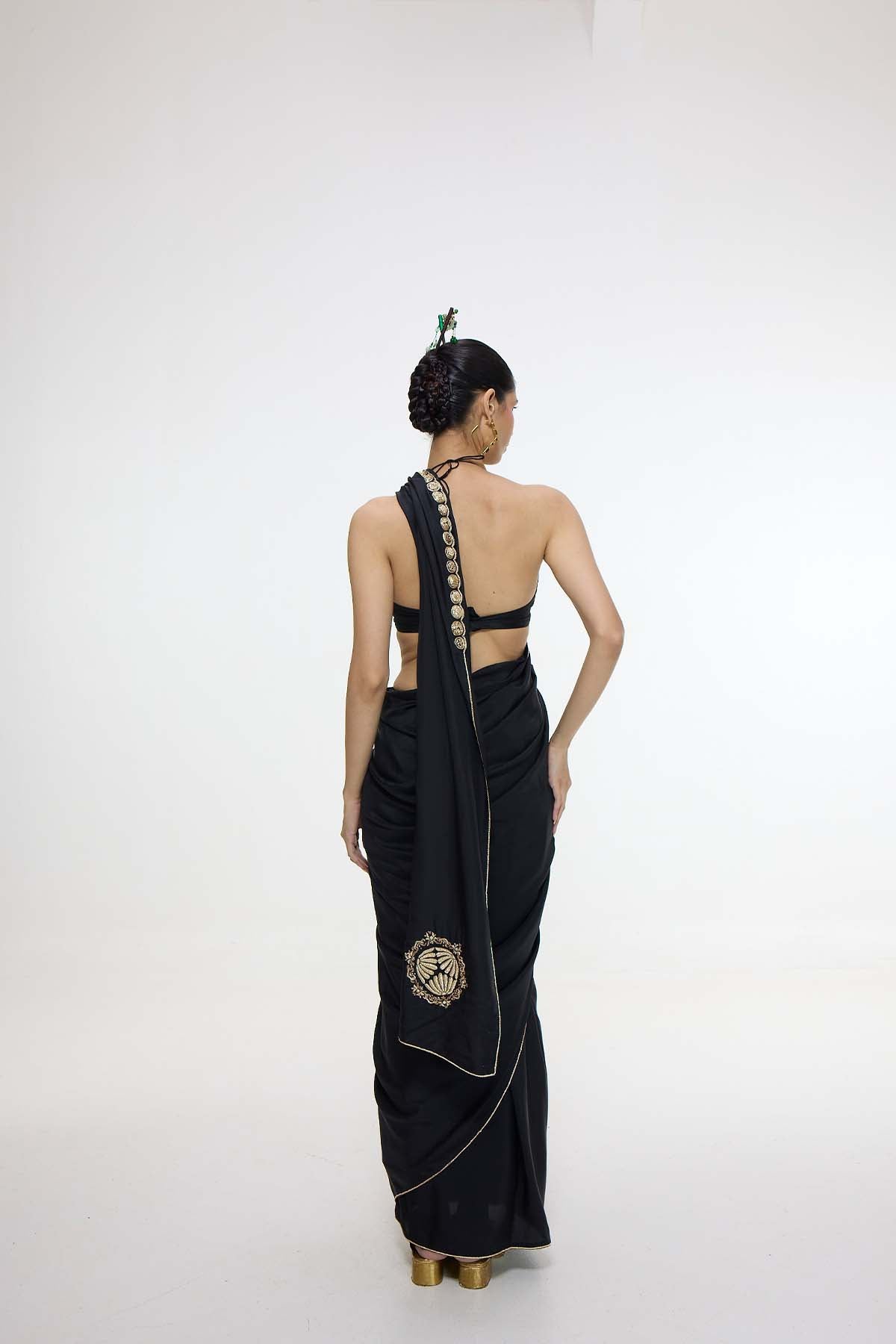 Ekaya Handwoven Black Mashroo Silk Saree With Gold Button Detailing indian designer wear online shopping melange singapore 