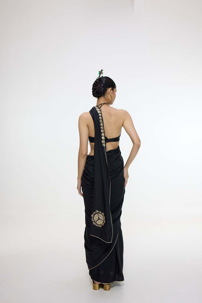 Ekaya Handwoven Black Mashroo Silk Saree With Gold Button Detailing indian designer wear online shopping melange singapore 