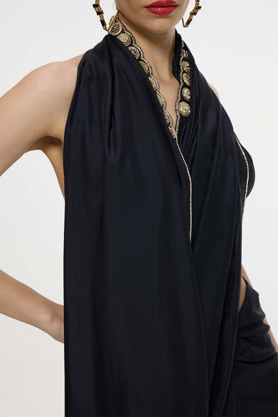 Ekaya Handwoven Black Mashroo Silk Saree With Gold Button Detailing indian designer wear online shopping melange singapore 