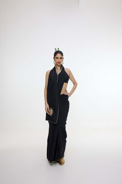 Ekaya Handwoven Black Mashroo Silk Saree With Gold Button Detailing indian designer wear online shopping melange singapore 
