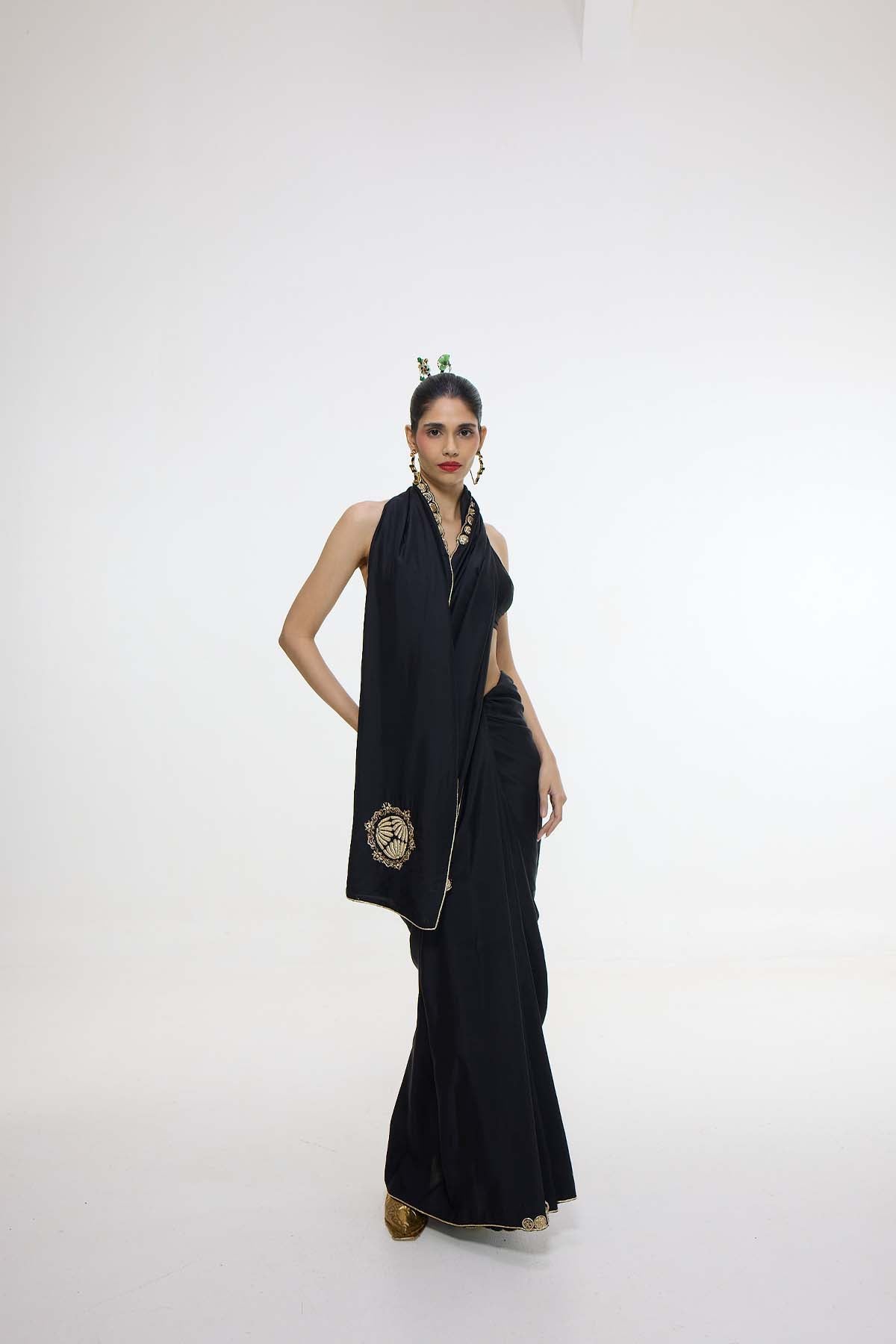 Ekaya Handwoven Black Mashroo Silk Saree With Gold Button Detailing indian designer wear online shopping melange singapore 
