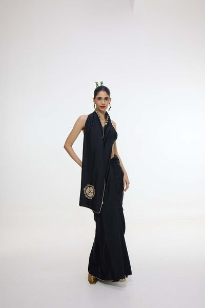 Ekaya Handwoven Black Mashroo Silk Saree With Gold Button Detailing indian designer wear online shopping melange singapore 