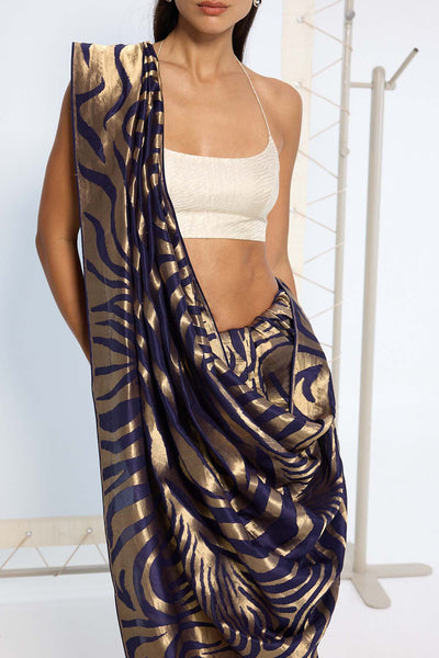 Ekaya Handwoven Blue Gold Silk Saree indian designer wear online shopping melange singapore 