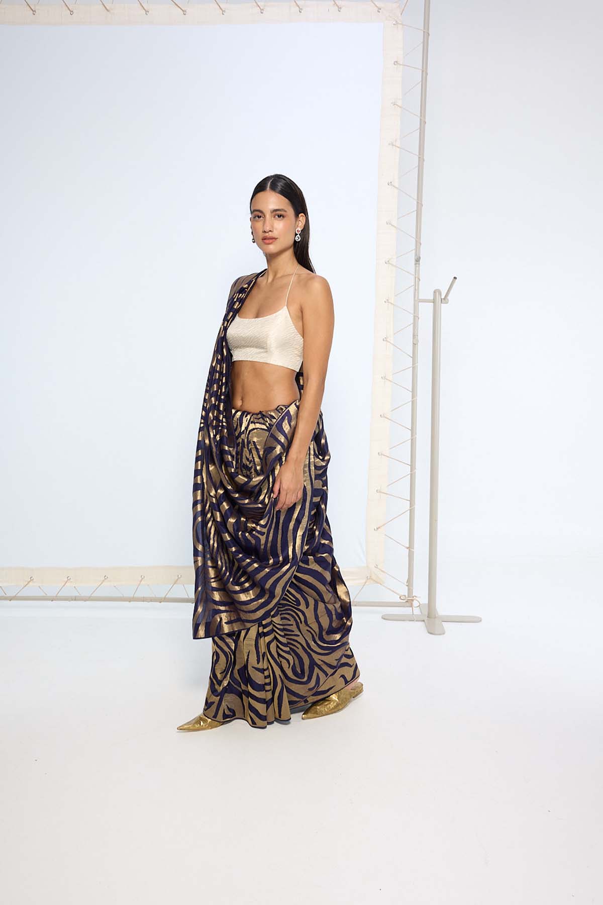 Ekaya Handwoven Blue Gold Silk Saree indian designer wear online shopping melange singapore 
