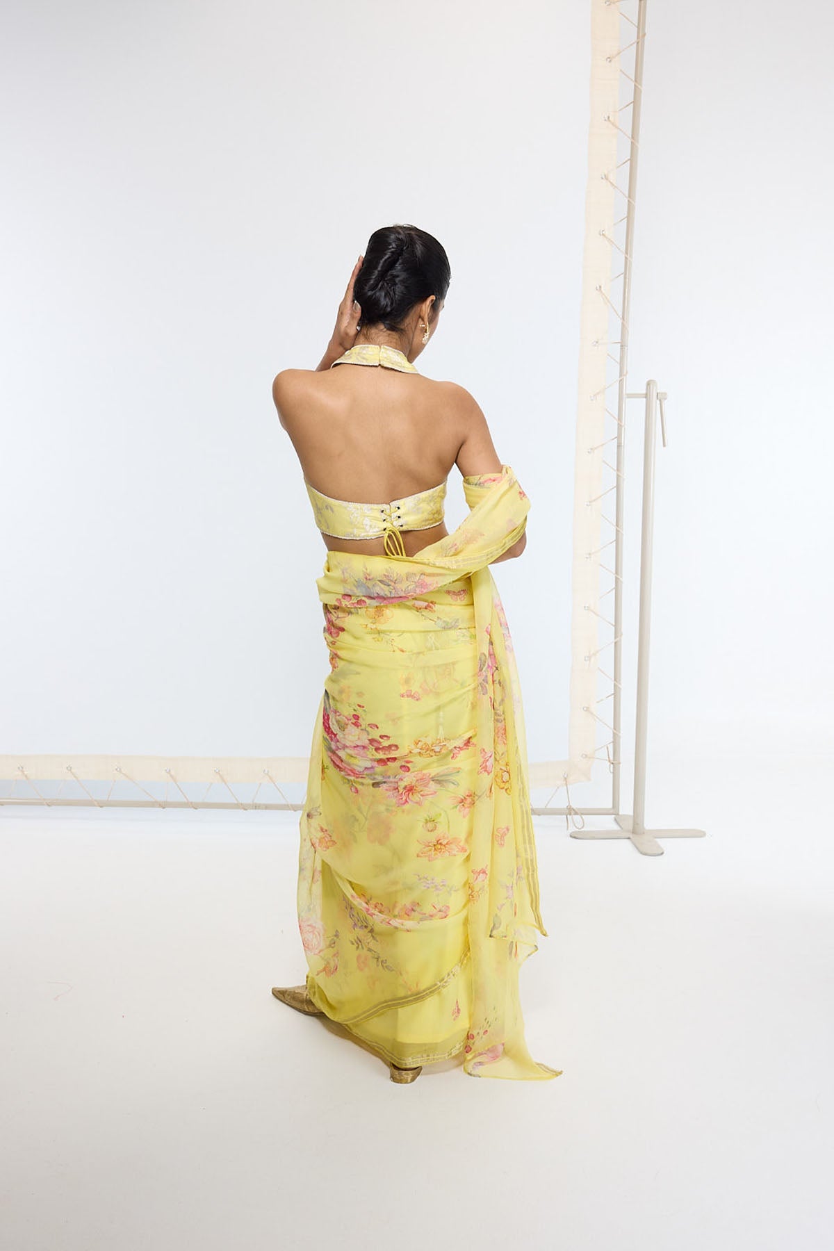 Ekaya Handwoven Butter Yellow Printed Saree indian designer wear online shopping melange singapore 
