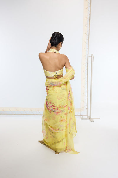 Ekaya Handwoven Butter Yellow Printed Saree indian designer wear online shopping melange singapore 
