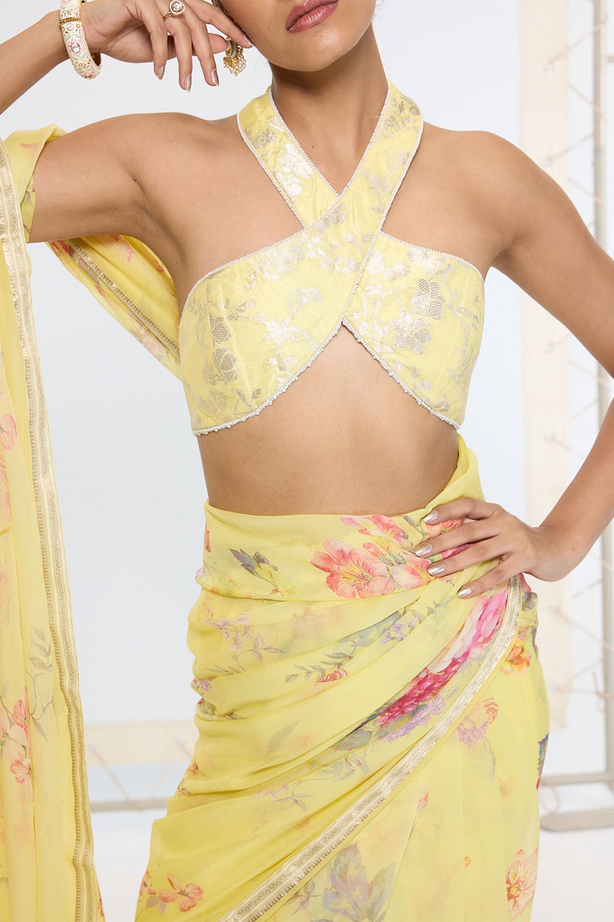 Ekaya Handwoven Butter Yellow Printed Saree indian designer wear online shopping melange singapore 
