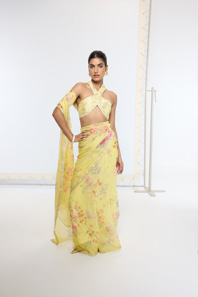 Ekaya Handwoven Butter Yellow Printed Saree indian designer wear online shopping melange singapore 

