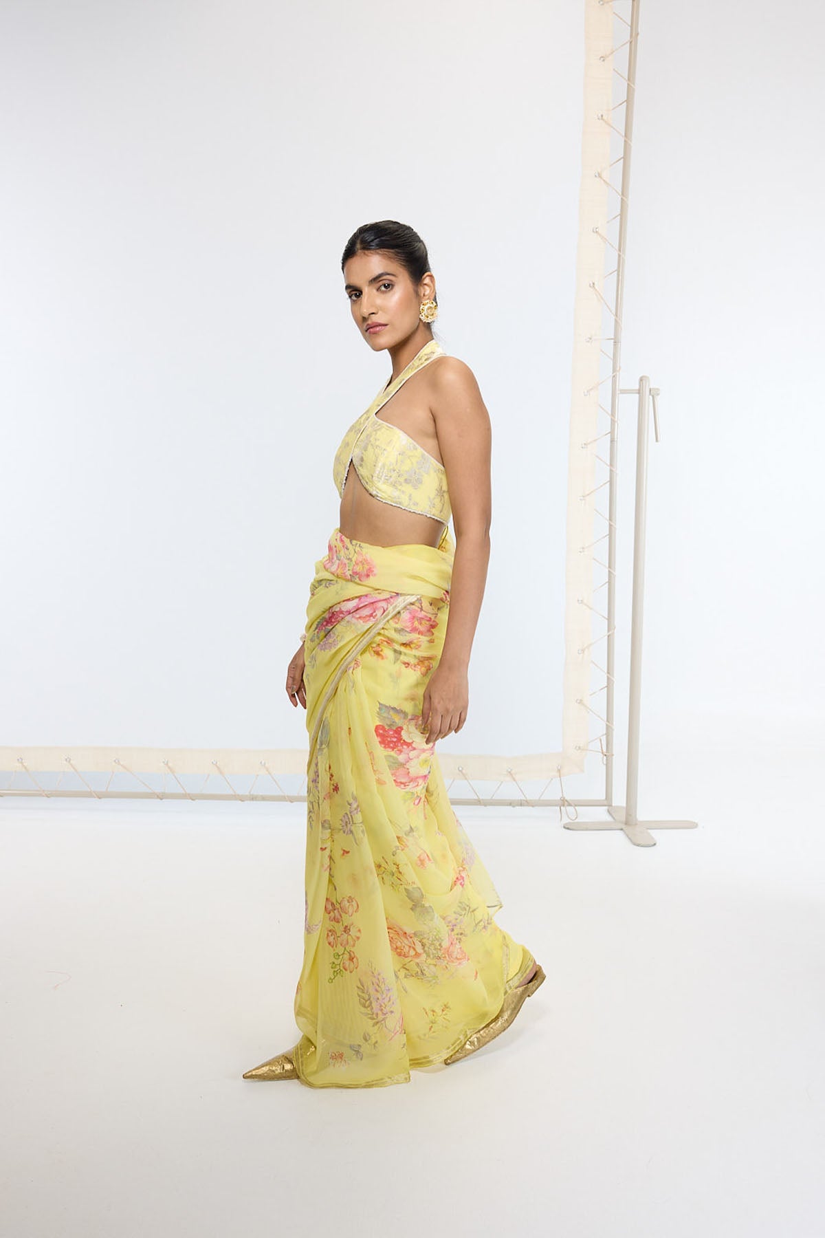 Ekaya Handwoven Butter Yellow Printed Saree indian designer wear online shopping melange singapore 
