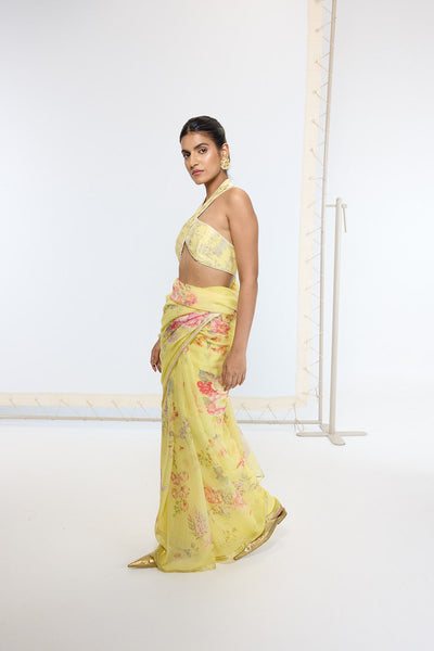 Ekaya Handwoven Butter Yellow Printed Saree indian designer wear online shopping melange singapore 
