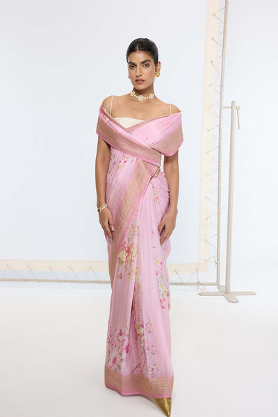 Ekaya Handwoven Candy Pink Printed Saree indian designer wear online shopping melange singapore 